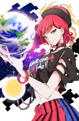 1girl absurdres bare_shoulders black_shirt blue_skirt bracelet breasts chain closed_mouth earth_(ornament) hecatia_lapislazuli highres ichizen_(o_tori) jewelry medium_breasts medium_hair moon_(ornament) navel red_eyes red_hair red_skirt shirt skirt smile solo t-shirt touhou two-tone_skirt white_background