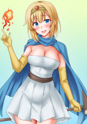 1girl anti_(untea9) blonde_hair blue_cape blue_eyes breasts cape circlet colorful_background cosplay cowboy_shot dragon_quest dragon_quest_iii fireball gloves gold_circlet gradient_background green_background highres holding holding_staff kantai_collection large_breasts looking_at_viewer open_mouth rodney_(kancolle) sage_(dq3) sage_(dq3)_(cosplay) short_hair smile solo staff yellow_gloves