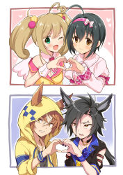 4girls ;d ahoge air_shakur_(umamusume) animal_ears black_hair black_jacket blush brown_eyes brown_hair commentary_request detached_collar dictus_striker_(umamusume) ears_through_headwear ears_through_hood eyebrow_piercing face_piercing green_eyes hair_between_eyes hairband hanamori_yumiri heart heart_ahoge heart_hands heart_hands_duo highres hood hooded_jacket hoodie horse_ears horse_girl idolmaster idolmaster_cinderella_girls jacket kohinata_miho long_hair long_sleeves looking_at_viewer multicolored_hair multiple_girls necktie odawara_hakone one_eye_closed open_mouth piercing pink_hairband pink_necktie sato_shin short_hair smile tsuda_minami twintails two-tone_hair umamusume umamusume:_cinderella_gray voice_actor_connection white_hair yellow_eyes yellow_hood yellow_hoodie yellow_jacket
