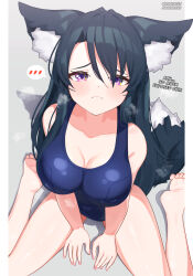Rule 34 | 1girl, absurdres, animal ear fluff, animal ears, black hair, breasts, collarbone, english text, highres, large breasts, long hair, looking at viewer, maguro27, original, purple eyes, school swimsuit, sitting, solo, spoken blush, swimsuit, tail, variant set, wariza