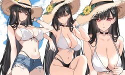 1girl arm_up armpits bare_shoulders bikini bikini_tug bikini_under_shorts black_bikini black_choker black_hair blue_archive breasts bright_pupils choker cleavage closed_mouth collarbone crossed_legs cutoffs denim denim_shorts front-tie_bikini_top front-tie_top hair_ornament hair_over_shoulder hairclip halterneck hand_in_own_hair hat hat_ornament highres large_breasts layered_bikini long_hair looking_at_viewer mismatched_bikini multicolored_bikini multiple_views navel o-ring o-ring_bikini panty_straps parted_lips red_eyes revision rio_(blue_archive) shigure_s short_shorts shorts stomach straw_hat swimsuit two-tone_bikini white_bikini white_pupils