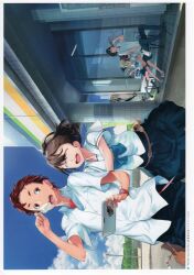 2boys 4girls airi_(robotics;notes) belt belt_pouch bench black_bow black_hair blue_bow blue_pants blue_skirt blue_socks bob_cut bow building cable charm_(object) chest_bow chuo_tanegashima_high_school_uniform closed_eyes cloud cloudy_sky collared_shirt convenience_store daitoku_junna dark-skinned_female dark_skin day dress drinking eating everyone exif_rotation food glass glasses hair_between_eyes hair_bow head_tilt hidaka_subaru highres holding holding_tablet_pc hooded_dress ice_cream kneehighs koujiro_frau leaning_on_person leather_belt loafers long_hair miniskirt multiple_boys multiple_girls multiple_hair_bows non-web_source official_art open_collar open_mouth outdoors pants peeking pleated_skirt pocky pouch pushing red_hair red_shirt reflection ribbon road robotics;notes school_uniform senomiya_akiho serafuku shirt shoes shop short_hair short_sleeves sitting skirt sky smile sneakers socks street summer tablet_pc tan teeth thighs tongue tree twintails upper_teeth_only very_long_hair watch wavy_hair white_dress white_shirt wristwatch yashio_kaito