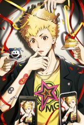 Rule 34 | 1boy, black jacket, blonde hair, cake, cellphone, collarbone, crown, food, fruit, happy birthday, highres, holding, holding phone, honeydog cat, ice cream, jack frost (megami tensei), jacket, lemon, looking at viewer, persona, persona 5, phone, plate, sakamoto ryuuji, shirt, short hair, signature, solo, star (symbol), tongue, upper body, yellow shirt