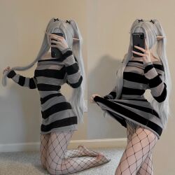 Rule 34 | 1girl, artist request, bare shoulders, cellphone, clothes lift, commentary, cosplay photo, english commentary, fishnet pantyhose, fishnets, frieren, full body, grey hair, hair ribbon, highres, holding, holding phone, iphone, kneeling, multiple views, pantyhose, phone, photo (medium), pointy ears, ribbon, smartphone, sousou no frieren, sweater, sweater lift, twintails, twitter username