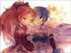 10s 2girls bad_id bad_pixiv_id blue_eyes blue_hair border bow cape detached_sleeves gloves hair_bow injury long_hair magical_girl mahou_shoujo_madoka_magica mahou_shoujo_madoka_magica_(anime) miki_sayaka miki_sayaka_(magical_girl) mk multiple_girls one_eye_closed ponytail red_eyes red_hair sakura_kyoko sakura_kyoko_(magical_girl) scrape short_hair tears white_gloves wink