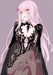 1girl absurdres ai-generated_art_(topic) alternate_costume anger_vein black_cape black_dress blush breasts cape chronopattern_dress commentary crossed_legs dress grey_background highres hololive hololive_english kamiya_maneki large_breasts long_hair meme_attire mori_calliope pink_eyes pink_hair simple_background solo sweat symbol-only_commentary virtual_youtuber