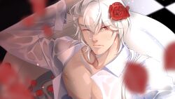 1boy :| a_date_with_death bathtub blurry blurry_foreground casper_(a_date_with_death) checkered_floor closed_mouth collarbone collared_shirt crossed_bangs falling_petals flower from_above hair_flower hair_ornament highres in_bathtub looking_at_viewer male_focus nipples non-web_source official_art one_eye_closed pectoral_cleavage pectorals petals red_eyes red_flower red_rose rose see-through_clothes shirt solo tile_floor tiles unbuttoned unbuttoned_shirt upper_body wet wet_clothes white_hair white_shirt