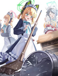 4girls :d ^_^ accident animal_ear_headphones animal_ears apron aqua_bow aqua_bowtie aqua_halo aris_(blue_archive) aris_(maid)_(blue_archive) black_dress black_hair black_wrist_cuffs blonde_hair blue_archive blunt_bangs blush bow bowtie box bucket cardboard_box cat_ear_headphones cat_tail chanpower233 character_name chips_(food) clenched_hand closed_eyes commentary dress eating facing_viewer fake_animal_ears fake_tail feet_out_of_frame food food_on_face frilled_apron frills game_development_department_(blue_archive) green_eyes green_halo hair_bow halo hand_up headphones helen_rean hiding highres holding holding_food holding_mop in_box in_container long_sleeves looking_down low_ponytail maid maid_headdress medium_hair midori_(blue_archive) midori_(maid)_(blue_archive) momoi_(blue_archive) momoi_(maid)_(blue_archive) mop multiple_girls noumin_kanren_no_skill_bakka_agetetara_nazeka_tsuyoku_natta. official_alternate_costume official_alternate_hairstyle open_mouth orange_halo pink_halo ponytail potato_chips profile puffy_long_sleeves puffy_sleeves rectangular_halo red_bow red_hair side_ponytail sidelocks simple_background smile standing tail teeth upper_teeth_only v water white_apron white_background wrist_cuffs yuzu_(blue_archive) yuzu_(maid)_(blue_archive)