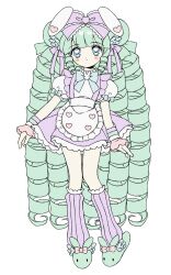 Rule 34 | 1girl, animal ears, animal slippers, apron, arms at sides, blunt bangs, borrowed character, bow, bunny slippers, closed mouth, commission, dot mouth, dot nose, double-parted bangs, drill hair, droopy ears, expressionless, flat color, footwear bow, frilled apron, frilled bow, frilled straps, frilled wristband, frills, full body, green hair, green slippers, hair bow, hair ornament, heart, heart in eye, heartpuff, highres, leg warmers, light blush, long hair, original, pastel colors, puffy short sleeves, puffy sleeves, purple bow, purple leg warmers, purple skirt, quin tails, rabbit ears, second-party source, shirt, short sleeves, sidelocks, skirt, sleeve bow, slippers, solo, symbol in eye, very long hair, waist apron, white apron, white shirt, wing hair ornament, winged footwear, wristband, yume kawaii