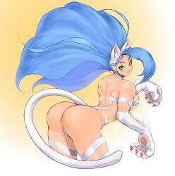 1girl anagumasan animal_ears animal_hands ass ass_focus bare_shoulders blue_hair breasts cat_ears cat_tail darkstalkers felicia_(darkstalkers) from_behind green_eyes long_hair looking_back muscular muscular_arms muscular_back muscular_female muscular_legs tail thick_thighs thighs thong very_long_hair white_fur