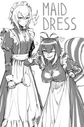 1boy 1girl angry animal_ears apron blazblue breasts galadysp heart highres kisaragi_jin large_breasts looking_at_viewer maid makoto_nanaya monochrome one_eye_closed short_hair skirt squirrel_ears squirrel_tail tail wink