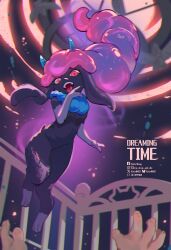 absurdres animal_ears black_fur blue_fur crib daedream fangs full_body furry furry_female highres horns kate_wong looking_at_viewer open_mouth palworld purple_eyes purple_hair