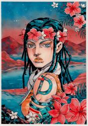 1boy absurdres arm_tattoo blue_eyes blue_hair dragona_joestar dreadlocks flower hair_flower hair_ornament highres jojo_no_kimyou_na_bouken long_hair looking_at_viewer male_focus male_with_breasts mountainous_horizon ocean orange_lips orange_shirt red_flower scarf shirt sleeveless tattoo the_jojolands trap upper_body white_flower white_scarf xfkart