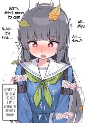 1girl absurdres animal_ears black_hair blue_archive blue_shirt blue_skirt bright_pupils cum cum_on_clothes english_text fake_animal_ears green_neckerchief hard-translated highres leaf leaf_on_head loli long_hair miyu_(blue_archive) neckerchief nyanzai-sensei open_mouth pleated_skirt rabbit_ears red_eyes sailor_collar shirt skirt solo third-party_edit white_pupils white_sailor_collar