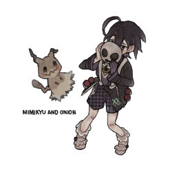 1boy absurdres ahoge allister_(pokemon) black_hair character_name commentary_request gen_7_pokemon gloves hands_up highres holding holding_mask ichi_kawa_ichi knees long_sleeves male_focus mask mimikyu nintendo poke_ball poke_ball_(basic) pokemon pokemon_(creature) pokemon_swsh shirt shoes short_hair shorts simple_background single_glove socks white_background