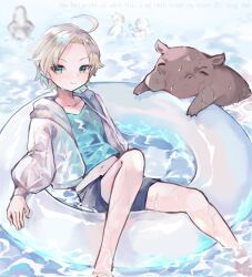 1boy antonin_dvorak_(classicaloid) blonde_hair blue_shirt classicaloid closed_mouth collarbone franz_liszt_(classicaloid) green_eyes highres hippopotamus innertube looking_at_viewer ludwig_van_beethoven_(classicaloid) male_focus male_swimwear outdoors puffy_sleeves richard_wagner_(classicaloid) rmiwalk shirt sitting swim_ring swim_trunks translation_request water wolfgang_amadeus_mozart_(classicaloid)