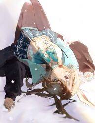 Rule 34 | 1girl, :o, absurdres, amiya (arknights), animal ears, arknights, ascot, black eyes, black jacket, black pantyhose, blue ascot, blue skirt, brown hair, full body, hashtag-only commentary, highres, jacket, jewelry, knees up, long hair, looking at viewer, lying, miyabi (inarizushi), multiple rings, on back, on ground, pantyhose, parted lips, rabbit ears, ring, shirt, skirt, sleeves past wrists, snow, solo, white shirt