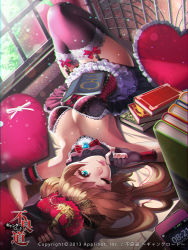 10s 1girl 2013 blue_eyes book breasts brown_hair cellphone chromatic_aberration cleavage copyright_name corset dated detached_collar female_focus fingerless_gloves frilled_pillow frilled_skirt frills furyou_michi_~gang_road~ garter_straps gloves heart heart-shaped_pillow lens_flare light_particles long_hair lying momosaki_ringo on_back one_eye_closed original phone pillow skirt smartphone solo thighhighs ukero