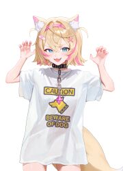 1girl :3 :d animal_collar animal_ears bandaid bandaid_hair_ornament black_collar blonde_hair blue_eyes claw_pose clothes_writing collar commentary cowboy_shot crossed_bangs dog_ears dog_girl dog_tail double-parted_bangs fangs hair_between_eyes hair_intakes hair_ornament hairband highres hololive hololive_english horn_hairband mococo_abyssgard multicolored_hair nail_polish naked_shirt omochiarts open_mouth oversized_clothes oversized_shirt pink_hair pink_hairband pink_nails print_shirt see-through_silhouette shirt short_hair simple_background smile solo spiked_collar spikes straight-on streaked_hair t-shirt tail two_side_up virtual_youtuber white_background white_shirt x_hair_ornament