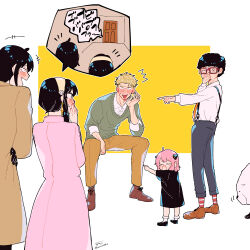 Rule 34 | +++, 2girls, 3boys, ^^^, absurdres, afro, ahoge, animal, anya (spy x family), awarinko, black dress, black hair, black shoes, blonde hair, blush, bobby socks, bond (spy x family), brother and sister, brown coat, brown hairband, brown pants, brown shoes, coat, dog, door, dress, franky franklin, glasses, grey pants, hairband, half-closed eyes, highres, laughing, long hair, multiple boys, multiple girls, nose blush, nose pinch, pants, pink coat, pointing, red-framed eyewear, shoes, short sleeves, siblings, signature, sitting, socks, spy x family, standing, striped clothes, striped socks, suspenders, sweat, tears, translation request, twilight (spy x family), twitter username, two-tone background, white background, white socks, yellow background, yor briar, yuri briar