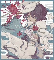 1boy between_fingers black_hair blue_border border cape closed_mouth commentary_request dark-skinned_male dark_skin egasumi flower green_eyes hair_between_eyes hat highres holding holding_ofuda ikaruga_(rune_factory) long_sleeves looking_at_viewer male_focus ofuda ofuda_between_fingers pants peaked_cap rororoyu rune_factory rune_factory:_guardians_of_azuma short_hair sitting solo spider_lily white_cape white_hat white_pants