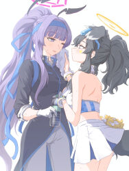 absurdres animal_ears back black_hair blue_archive blush bottle cheerleader collared_shirt detached_collar dog_ears dog_girl dog_tail dress gakuran gloves goggles goggles_on_head hachimaki halo hand_on_another&#039;s_face hariyaa headband hibiki_(blue_archive) hibiki_(cheer_squad)_(blue_archive) high-low_coat highres holding holding_bottle holding_towel long_hair looking_at_another millennium_cheerleader_outfit_(blue_archive) one_eye_closed ouendan pants pleated_skirt pom_pom_(cheerleading) ponytail purple_eyes purple_hair school_uniform shirt sidelocks simple_background skirt sleeveless sleeves_rolled_up star_on_cheek sweat tail towel utaha_(blue_archive) utaha_(cheer_squad)_(blue_archive) water_bottle wavy_hair white_background white_gloves white_pants wiping_sweat yuri
