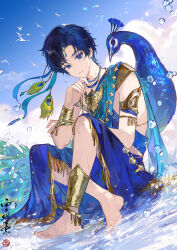 Rule 34 | 1boy, aged down, anklet, armlet, bare shoulders, barefoot, bead necklace, beads, bird, blue cape, blue eyes, blue hair, blue ribbon, blue robe, bracer, cape, chinese commentary, clarence clayden, closed mouth, cloud, curtained hair, day, feather hair ornament, feathers, fringe trim, full body, gold necklace, hair ornament, hand on own chin, head chain, jewelry, knees up, looking at viewer, lovebrush chronicles, male focus, mole, mole under eye, multiple necklaces, necklace, official alternate costume, parted bangs, peacock, peacock feathers, ribbon, robe, sabai, seal impression, short hair, side cape, sitting, smile, solo, thai clothes, water, water drop, xuedaixun