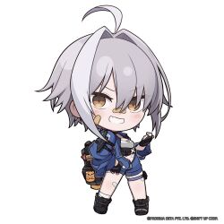1girl ahoge bandaid bandaid_on_face bandaid_on_leg bandaid_on_nose black_boots black_collar black_gloves boots breasts brown_eyes chibi collar commentary english_commentary fang fingerless_gloves full_body gloves goddess_of_victory:_nikke grey_hair grin hair_between_eyes hair_intakes highres long_sleeves looking_at_viewer medium_hair mori_(nikke) navel official_art pouch skin_fang small_breasts smile solo thigh_pouch thigh_strap totatokeke v-shaped_eyebrows zipper zipper_pull_tab