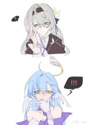 ! 2girls ? aqua_eyes artist_name bare_shoulders black-framed_eyewear black_hairband blue_choker blue_hair blue_ribbon blush breasts brown_jacket choker closed_mouth covering_own_mouth detached_sleeves dress feathered_wings firefly_(honkai:_star_rail) glasses gloves grey_hair hair_between_eyes hair_ornament hair_ribbon hairband halo hand_on_another&#039;s_face hand_on_own_face hand_up head_wings highres honkai:_star_rail honkai_(series) jacket jewel_under_eye leaf_hair_ornament long_hair long_sleeves looking_down medium_breasts multiple_girls pink_eyes puffy_long_sleeves puffy_sleeves purple_dress purple_sleeves ribbon robin_(honkai:_star_rail) sailor_collar short_sleeves shy simple_background sleeveless sleeveless_dress speech_bubble spoken_exclamation_mark spoken_question_mark sweatdrop taykrome two-tone_dress upper_body white_background white_dress white_gloves wings yuri