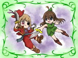 Rule 34 | 2girls, aqua eyes, artist name, artist request, bare legs, blue eyes, blue neckerchief, blush, boots, breasts, brown footwear, brown hair, cosplay, cross-laced footwear, epaulettes, eyepatch, female focus, floating hair, full body, green headwear, green shirt, green shorts, green tunic, grey hair, hair between eyes, half updo, high ponytail, holding, holding sword, holding weapon, hook hand, jacket, light brown hair, link (cosplay), long hair, looking at viewer, love live!, love live! nijigasaki high school idol club, multiple girls, nakasu kasumi, neckerchief, one eye covered, osaka shizuku, pants, parted lips, pink eyes, pirate costume, ponytail, purple shirt, red headwear, red jacket, red pants, shirt, short shorts, shorts, smile, sword, tunic, v-shaped eyebrows, wavy hair, weapon