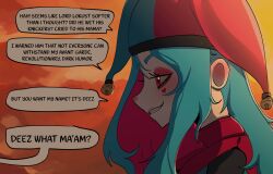 1girl aqua_hair basedbinkie bell cloud cloudy_sky colored_skin deez_nuts_(meme) english_text facepaint from_side grin hat heart highres jester jester_cap long_hair meme multicolored_hair original pink_eyes pink_hair pink_skin pippi_panini_(basedbinkie) shaded_face sky smile speech_bubble sunset two-tone_hair wide_mouth