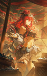 1girl animal_ears arknights bare_shoulders black_shorts black_sports_bra blush brown_headband crossed_bangs detached_sleeves hair_between_eyes headband helen_zzhao highres horse_ears horse_girl horse_tail long_hair looking_at_viewer narantuya_(arknights) navel parted_lips ponytail reaching reaching_towards_viewer red_hair short_shorts shorts smile solo sports_bra stomach sword tail thigh_strap weapon white_sleeves