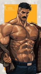 1boy abs bara black_hair border cowboy_shot denim facial_hair grey_border grey_hair highres invincible_(series) jeans large_pectorals male_focus mature_male multicolored_hair muscular muscular_male mustache navel navel_hair nipples nolan_grayson one_eye_closed open_clothes open_shirt pants pectorals plaid_clothes plaid_shirt shirt sparse_chest_hair tobo_katsuo twitter_username two-tone_hair veins yellow_background