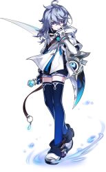 1boy adjusting_clothes ahoge artist_request belt black_shirt black_shorts black_thighhighs blue_brooch blue_eyes blue_thighhighs boots bracer brown_belt chest_belt closed_mouth crossed_bangs crystal dot_nose elsword expressionless full_body gloves gradient_thighhighs grey_hair hair_between_eyes highres holding holding_scythe hood hood_down hooded_jacket jacket layered_sleeves long_hair long_sleeves looking_to_the_side loose_hair_strand magic male_focus noah_ebalon official_alternate_costume official_art pale_skin purple_pupils scythe second-party_source shirt short_over_long_sleeves short_sleeves shorts solo standing tachi-e tassel thighhighs transparent_background turtleneck turtleneck_shirt white_boots white_gloves white_jacket
