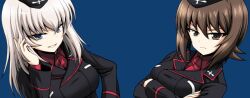 Rule 34 | arm support, black headwear, blue background, blue eyes, brown eyes, brown hair, colored skin, cross, crossed arms, emblem, girls und panzer, grey hair, itsumi erika, kamishima kanon, kuromorimine (emblem), kuromorimine military uniform, looking at viewer, nishizumi maho, red shirt, shirt, smile, white skin