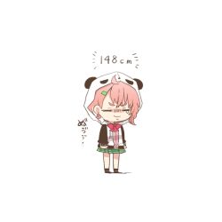 1girl :3 ahoge animal_ears animal_hood black_socks bow chibi clenched_hands closed_eyes closed_mouth fake_animal_ears green_skirt hair_ornament hairclip height hood hood_up hooded_jacket jacket long_sleeves nijisanji open_clothes open_jacket panda_ears panda_hood pink_hair pink_shirt plaid_clothes plaid_skirt pleated_skirt puffy_long_sleeves puffy_sleeves rebecca_(keinelove) red_bow sasaki_saku sasaki_saku_(1st_costume) shirt simple_background skirt socks solo standing tears translation_request virtual_youtuber white_background white_jacket