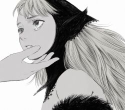 1girl bare_shoulders detached_hood dungeon_meshi ear_covers elf from_side frs2 fur_trim greyscale hood lace_trim long_hair looking_at_another looking_away marcille_donato marcille_donato_(lord) monochrome out_of_frame parted_lips pointy_ears portrait reaching simple_background solo_focus spoilers tears