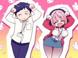 1boy 1girl :d :| ^_^ akiyama_enma arms_up black_hair black_pants black_pantyhose breast_pocket breasts caramelldansen cardigan clenched_hands closed_eyes closed_mouth collared_shirt colored_bangs cowboy_shot dress_shirt facing_viewer gradient_background highres jitome lanyard large_breasts leaning_to_the_side miniskirt multicolored_hair noa-senpai_wa_tomodachi. ootsuka_rihito open_mouth orange_eyes outline pants pantyhose parody pencil_skirt pink_hair pocket rabbit_background red_cardigan saotome_noa shirt short_hair skirt smile thick_outlines two-tone_hair unamused very_short_hair white_outline white_shirt