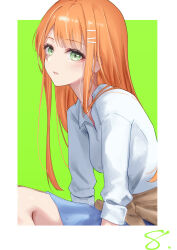 1girl :o absurdres blue_skirt blush border brown_cardigan cardigan cardigan_around_waist clothes_around_waist commentary_request enu_illustip gakuen_idolmaster green_background green_eyes hatsuboshi_gakuen_school_uniform highres idolmaster long_hair looking_at_viewer mole mole_under_eye orange_hair school_uniform shirt shiun_sumika simple_background skirt solo straight_hair white_border white_shirt