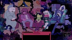 1other 2girls 3boys :3 animal_ears blue_pants blue_skin breathing_smoke brown_hair closed_eyes colored_skin couch curtains deltarune film_grain full_body glasses goat_boy goat_ears goat_girl group_picture hat indoors kris_(deltarune) lancer_(deltarune) looking_at_viewer multiple_boys multiple_girls night nightcap nightgown on_couch own_hands_together pants pink_scarf pink_skin ralsei red_eyes round_eyewear rouxls_kaard scarf shaded_face short_hair sitting sleeping smile smoke split_theme susie_(deltarune) taharu_(papiyas) television toriel twitter_username watermark window