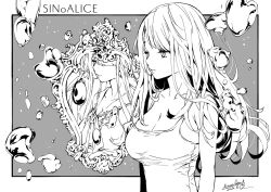 1girl arms_at_sides breasts bubble camisole cleavage closed_mouth copyright_name dated expressionless greyscale highres himiko_(326ontheweb) large_breasts long_hair looking_ahead mirror monochrome neckerchief ningyo_hime_(sinoalice) reality_arc_(sinoalice) reflection sailor_collar signature sinoalice solo