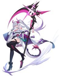 Rule 34 | 1girl, absurdres, bare shoulders, belt, black boots, black thighhighs, boots, clothing cutout, dragon horns, dragon tail, dress, floating hair, gradient hair, grin, hashtag-only commentary, high heel boots, high heels, highres, holding, holding scythe, horns, huge weapon, long hair, long sleeves, looking at viewer, multicolored hair, original, purple eyes, scythe, shoulder cutout, shoulder tattoo, simple background, smile, solo, tail, tattoo, thigh belt, thigh strap, thighhighs, twintails, v-shaped eyebrows, very long hair, weapon, white background, white dress, white hair, wide sleeves, yireh, zettai ryouiki