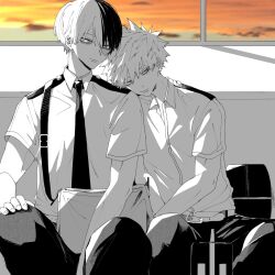 Rule 34 | 2boys, bakugou katsuki, belt, belt buckle, boku no hero academia, buckle, burn scar, closed mouth, collared shirt, commentary request, dusk, fingernails, hair between eyes, hand on own knee, head on another&#039;s shoulder, head rest, highres, looking to the side, male focus, multicolored hair, multiple boys, muntins, necktie, neminemisho, open collar, pants, scar, scar on face, school uniform, shirt, short hair, short sleeves, sideways glance, sitting, split-color hair, todoroki shoto, u.a. school uniform, window, wing collar, yaoi