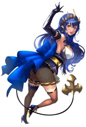 1girl absurdres ass back_bow black_gloves black_leotard blue_bow blue_hair blue_shoes blush bow breasts brown_horns cleavage crossed_bangs dark-skinned_female dark_skin demon_girl demon_horns demon_tail elbow_gloves fishnet_thighhighs fishnets from_behind full_body gloves high_heels highres horns konekoneko_(konekopi) large_bow large_breasts leotard leotard_under_clothes long_hair looking_at_viewer nanashi_inc. open_mouth pointy_ears see-through_clothes see-through_skirt shimamura_charlotte shoes simple_background skirt smile solo strapless strapless_leotard tail thighhighs transparent_background virtual_youtuber yellow_eyes