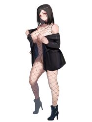 1girl belt_collar black_boots black_cat black_hair black_shoes bodystocking boots breasts cat cleavage collar dairoku_ryouhei fishnet_bodystocking fishnet_fabric fishnets full_body high_heels highres keroin_hatako kishiba_yuusuke large_breasts long_hair looking_at_viewer navel red_eyes revealing_clothes shoes solo standing zipper_footwear