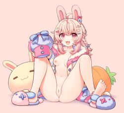 1girl :3 animal_ears barefoot braid breasts full_body hair_ornament heart heart_hair_ornament knees_up looking_at_viewer melon-fox navel nipples open_mouth phase_connect pink_eyes pink_hair pipkin_pippa pussy rabbit_ears rabbit_girl simple_background sitting sleeves_past_fingers sleeves_past_wrists slippers small_breasts solo toes