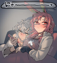 2girls animal_ears blanket blush breasts cellphone ergot from_side grey_background grey_hair hair_ornament hairclip holding holding_phone jacket medium_breasts multiple_girls original phone pillow rabbit_ears red_eyes red_hair simple_background smartphone yellow_eyes
