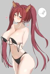 1girl bikini black_bikini breasts character_request cleavage copyright_request grey_background heart highres large_breasts long_hair navel randolf_510 red_eyes red_hair simple_background solo speech_bubble swimsuit twintails