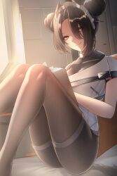 Rule 34 | 1girl, agent (girls&#039; frontline), alternate costume, asymmetrical bangs, black hair, black pantyhose, black shorts, book, chinese commentary, closed mouth, commentary request, commission, double bun, elmo dormitory outfit, girls&#039; frontline, girls&#039; frontline 2: exilium, hair bun, highres, indoors, looking at viewer, medium hair, pantyhose, pixiv commission, shorts, sitting, smile, solo, yellow eyes, zhishi ge fangzhang