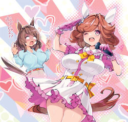 belt blank_eyes bouncing_breasts breasts brown_eyes brown_hair casual gloves hair_between_eyes hair_ornament haiseiko_(umamusume) heart heart-shaped_pupils horse_girl horse_tail large_breasts light_hello_(umamusume) looking_at_viewer medium_hair one_eye_closed ryoji_(nomura_ryouji) simple_background surprised sweat symbol-shaped_pupils tail thighs umamusume wavy_mouth